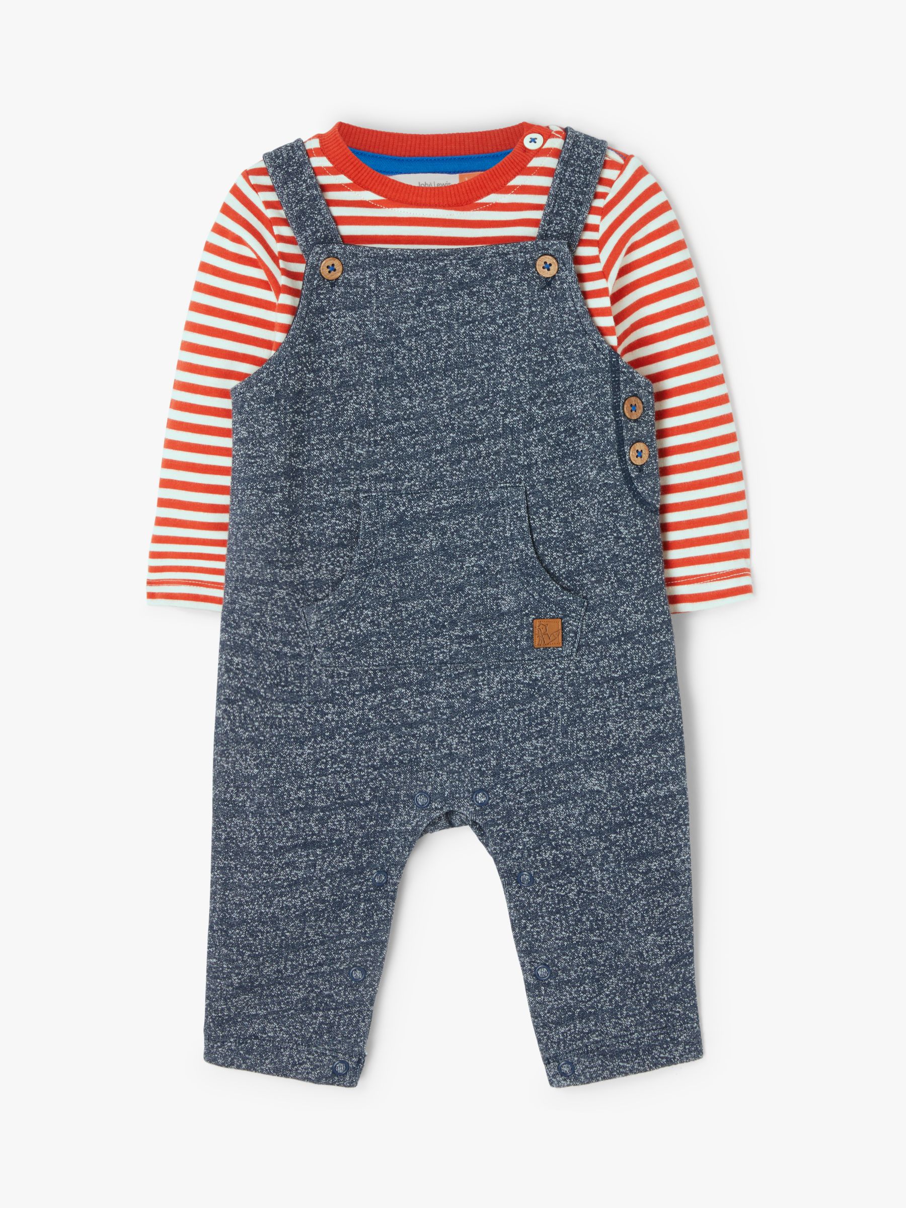 John Lewis & Partners Baby GOTS Organic Cotton Dungaree and Striped T-Shirt Set, Blue