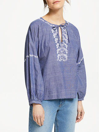 People Tree Serena Embroidered Blouse, Blue