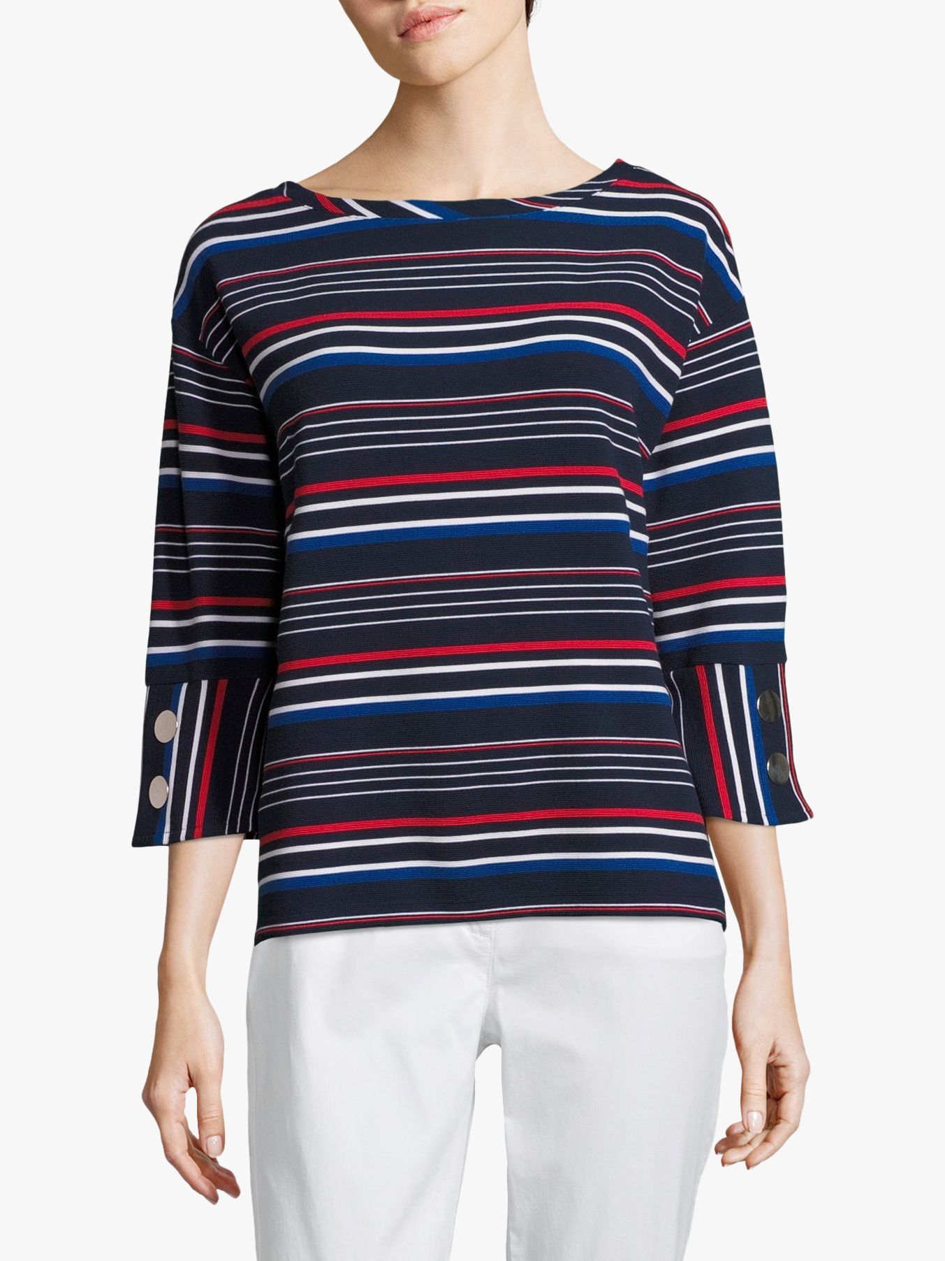 Betty Barclay Ribbed Button Striped Jersey Top, Dark Blue/Red