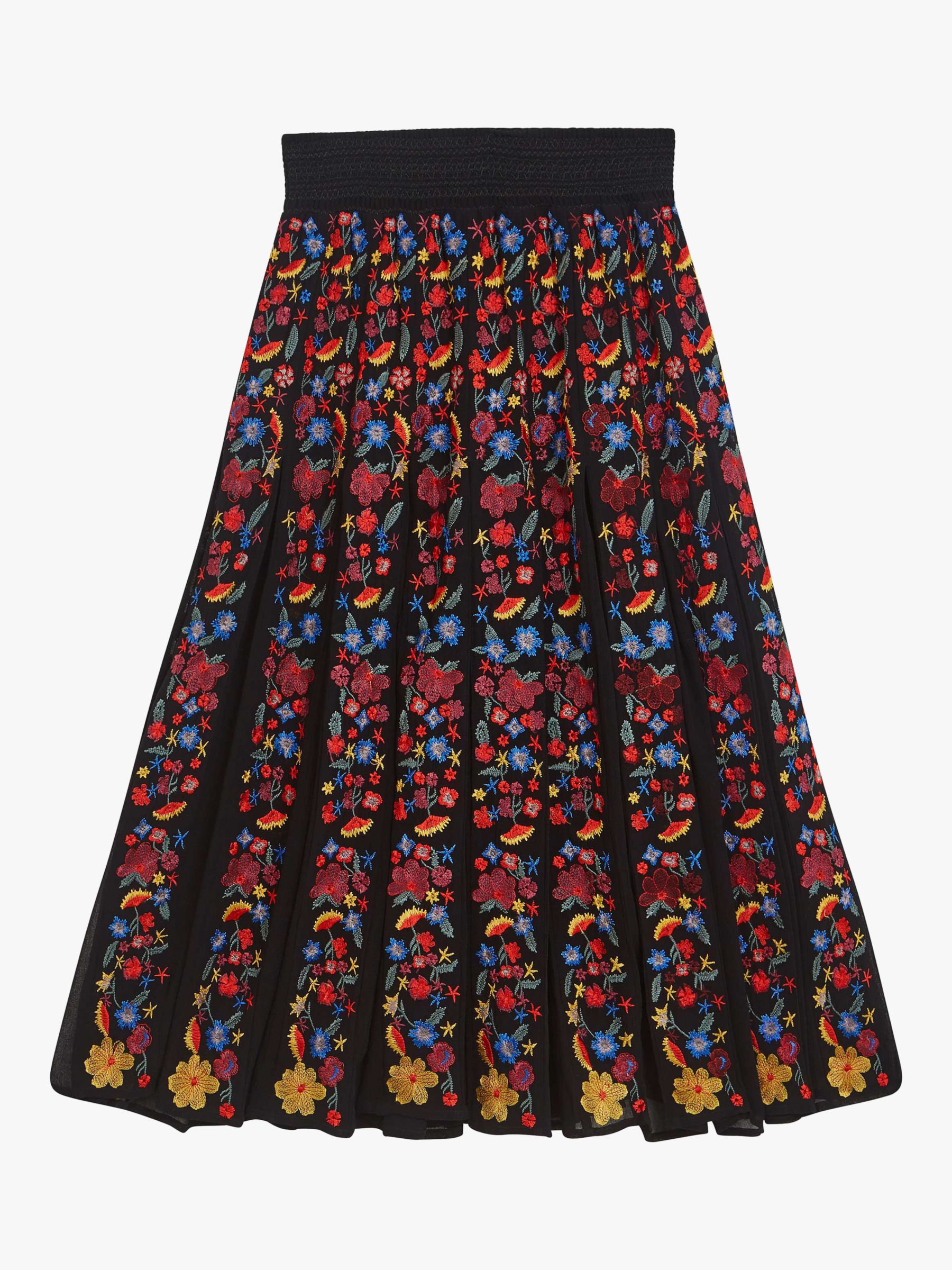 Brora Floral Embroidered Folk Skirt, Black at John Lewis & Partners