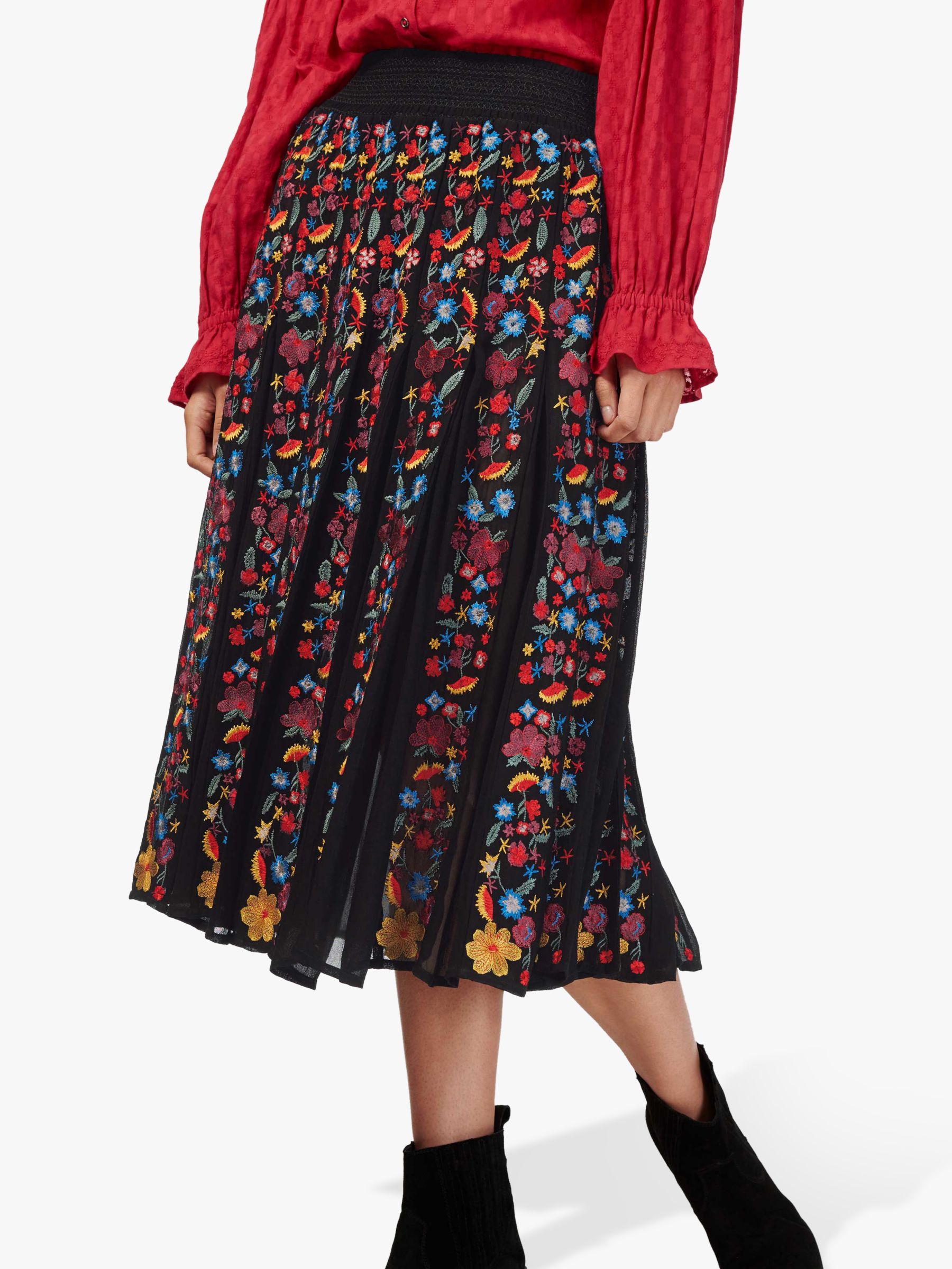 Brora Floral Embroidered Folk Skirt, Black at John Lewis & Partners