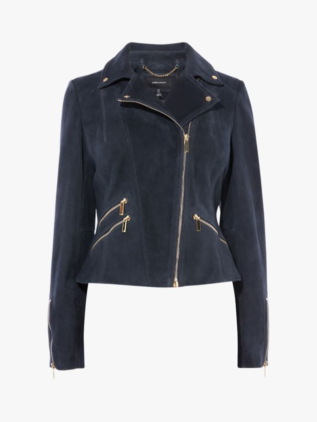 Karen Millen Suede Biker Jacket, Navy, 6