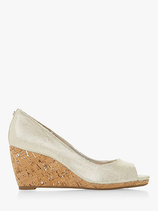 Dune Caydence Peep Toe Cork Wedge Court Shoes, Silver Canvas
