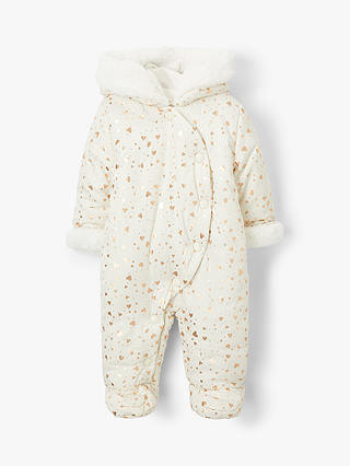 John Lewis & Partners Baby Foil Heart Snowsuit, Cream