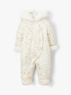 John Lewis & Partners Baby Foil Heart Snowsuit, Cream, 3-6 months