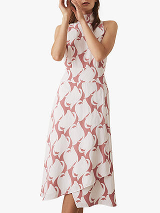 Reiss Doriana High Neck Printed Dress, Pink Swirl