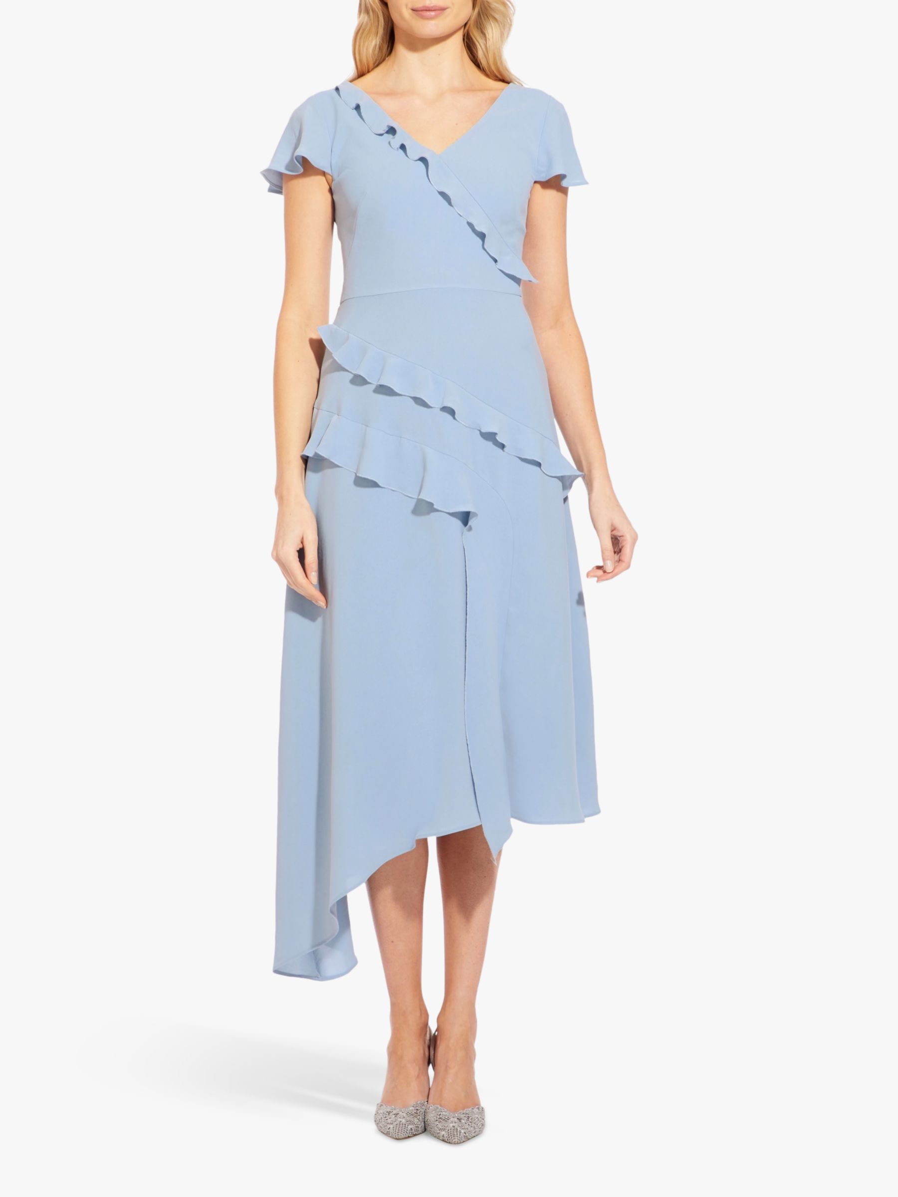 Adrianna Papell Gauzy Crepe Frill Detail Dress, Blue Mist