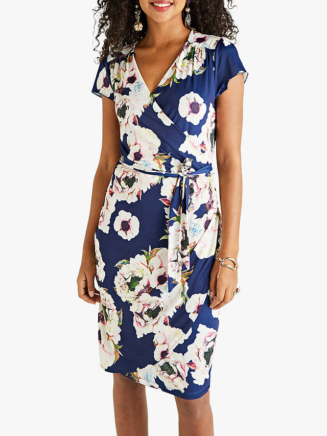 Yumi Abstract Floral Wrap Dress, Navy