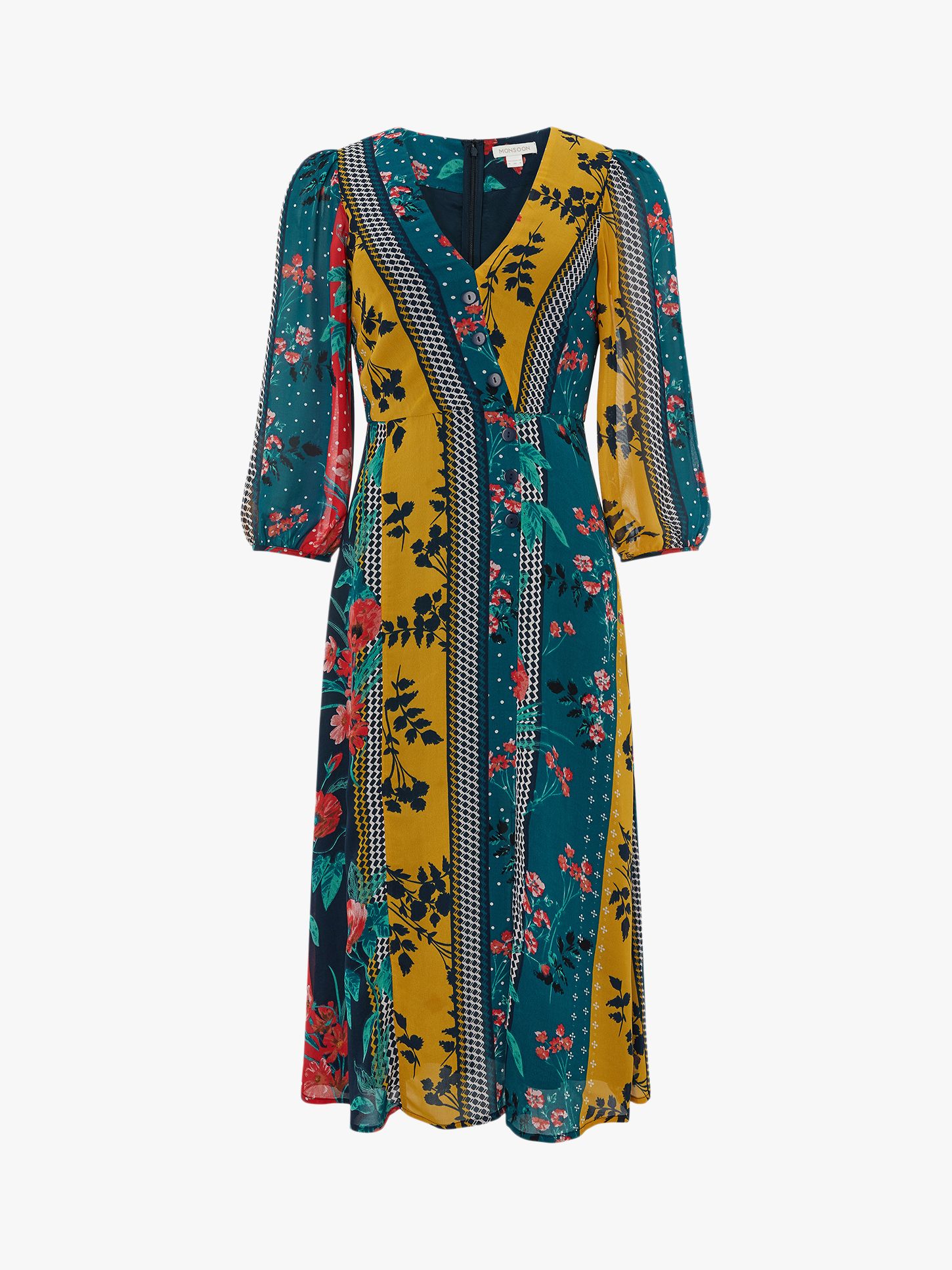 Monsoon Peggy Patch Print Midi Dress, Blue Multi at John Lewis & Partners