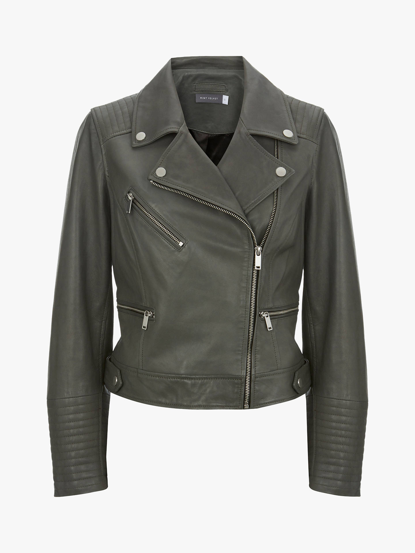 Mint Velvet Leather Zip Biker Jacket, Green at John Lewis & Partners