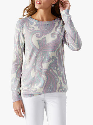 Pure Collection Cashmere Paisley Print Round Neck Sweater, Grey
