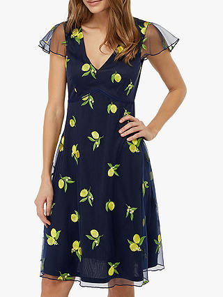 Monsoon Lemon Embellished Midi Dress, Navy