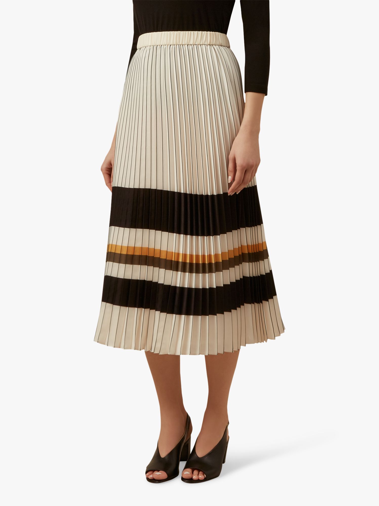 Hobbs Zoe Pleated Stripe Midi Skirt, Ivory/Multi