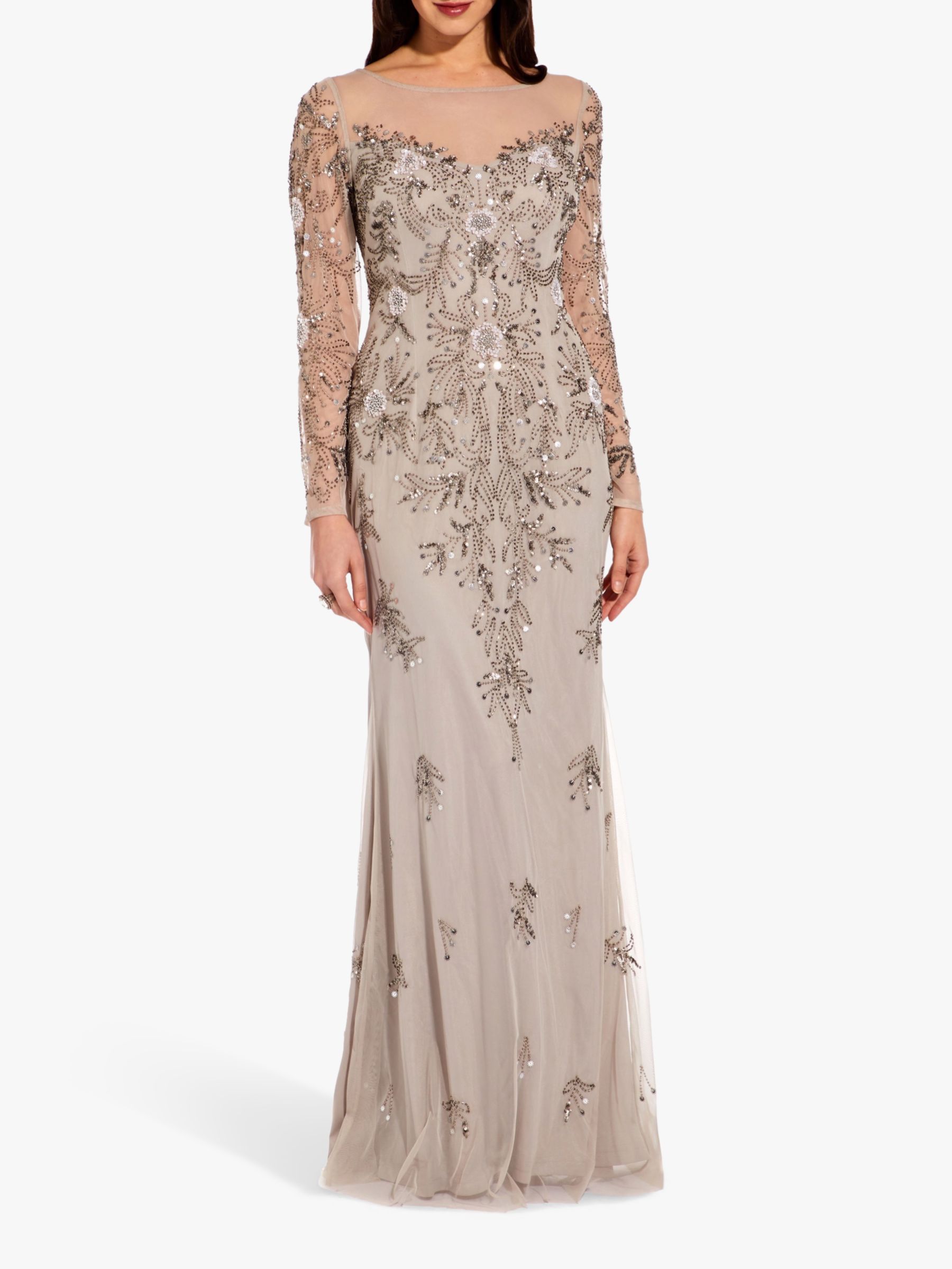 Adrianna Papell Beaded Long Dress, Silver at John Lewis & Partners