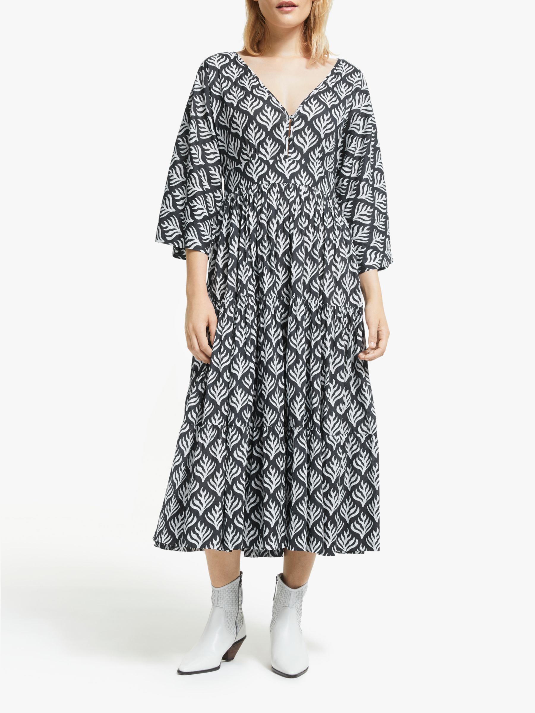 AND/OR La Galeria Elefante Kimono Feather Print Midi Dress, Ivory/Grey