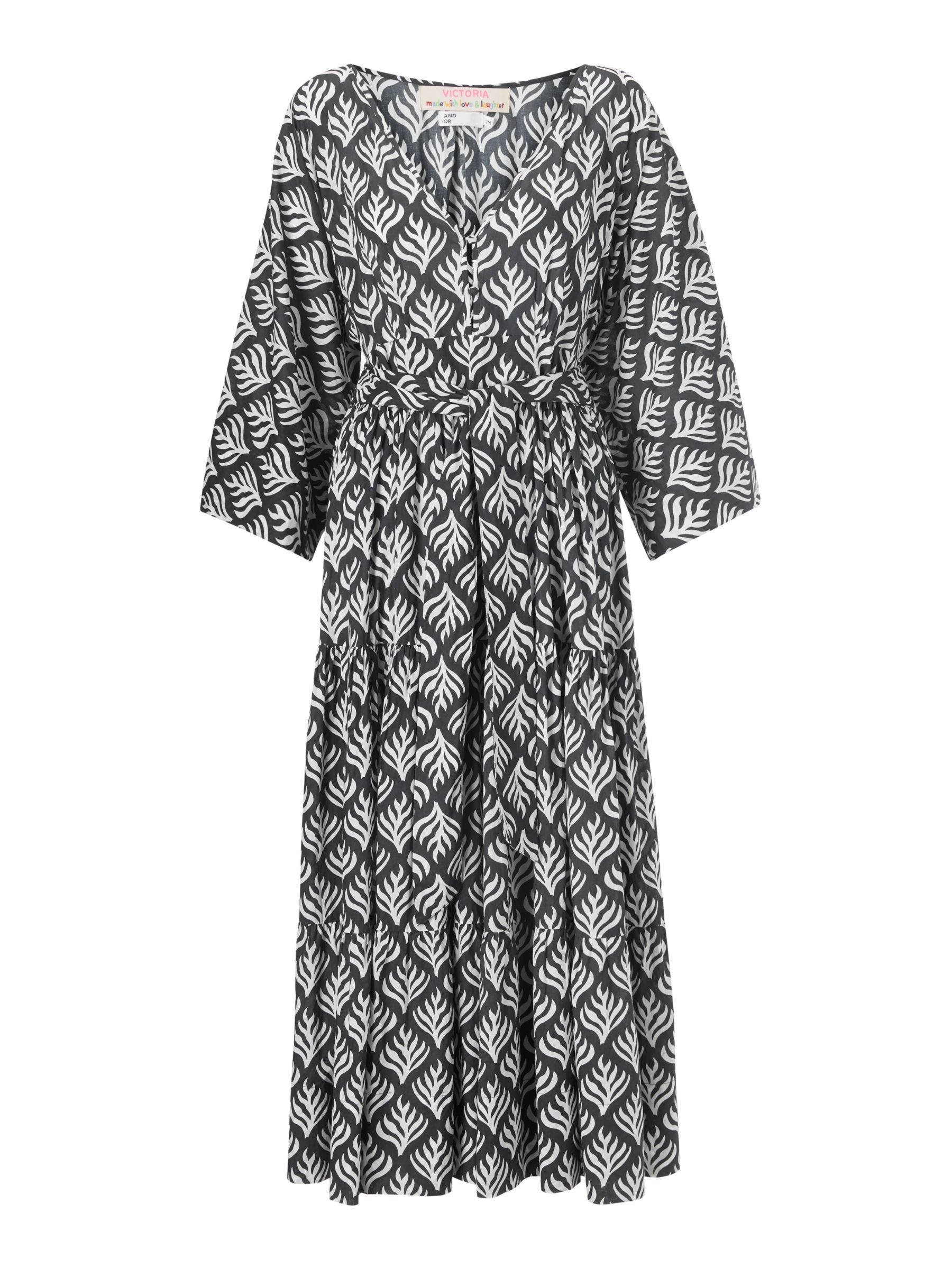 AND/OR La Galeria Elefante Kimono Feather Print Midi Dress, Ivory/Grey