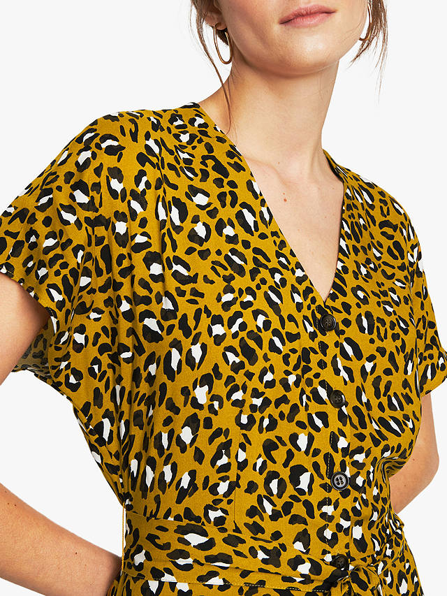 Warehouse Leopard Print Button Through Dress, Mustard
