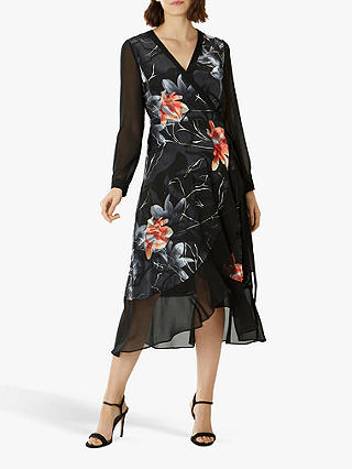 Coast Moira Floral Jacquard Wrap Midi Dress, Black/Multi