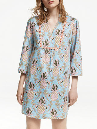 Boden Evangeline Pineapple Linen Tunic Dress, Heron Blue Tropical