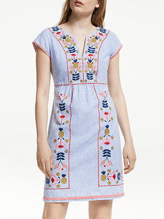 Boden Bea Linen Embroidered Dress, Blue/Multi