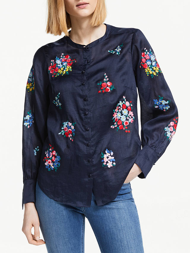 Boden Claudia Embroidered Blouse, Navy/Multi at John Lewis & Partners