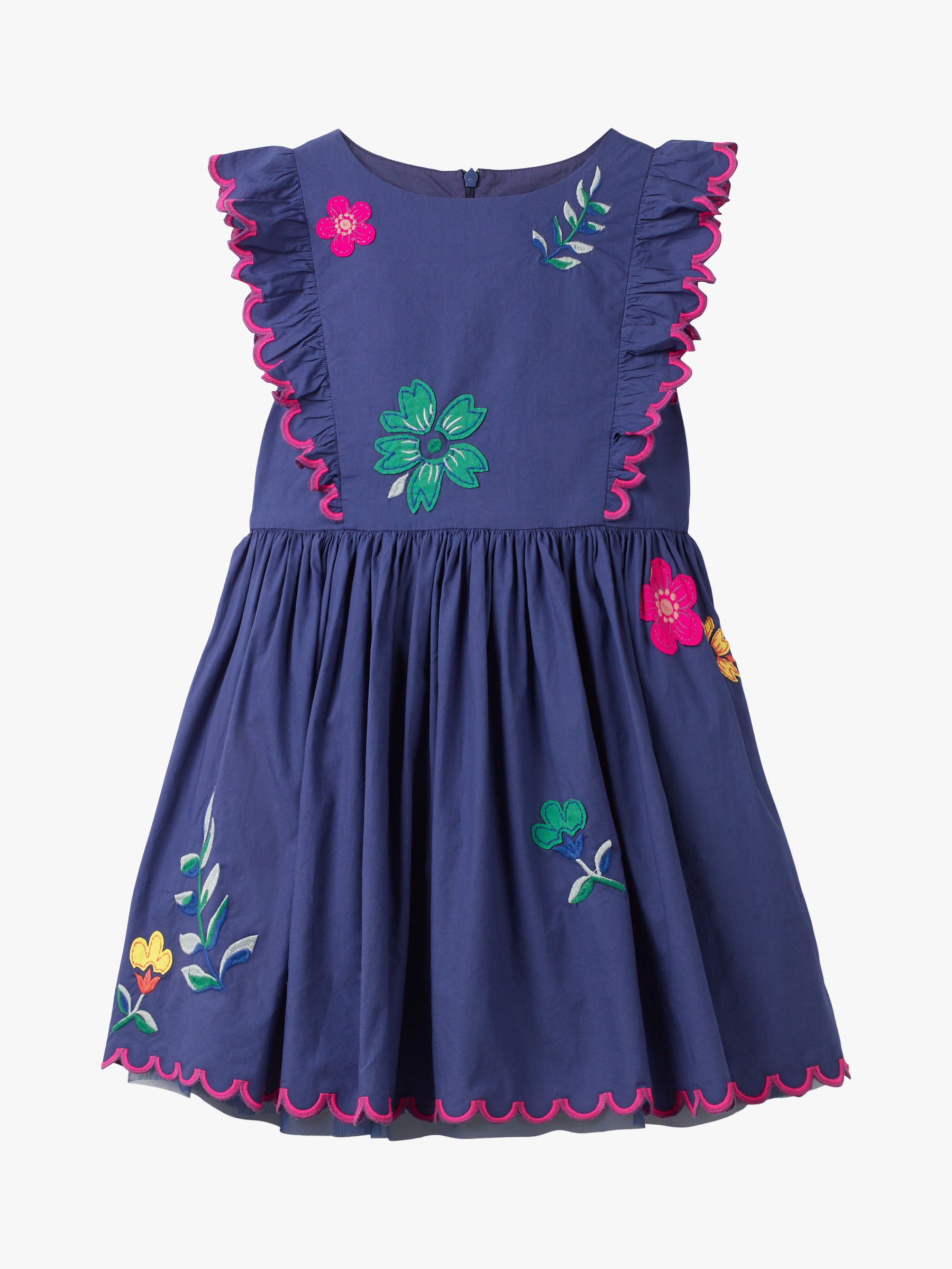 Mini Boden Girls' Floral Embroidered Scallop Dress, Dark Blue at John ...