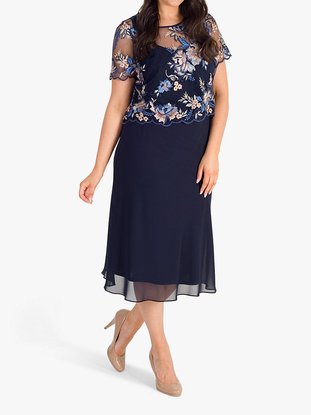 chesca Embroidered Floral Dress, Navy/Multi, 14