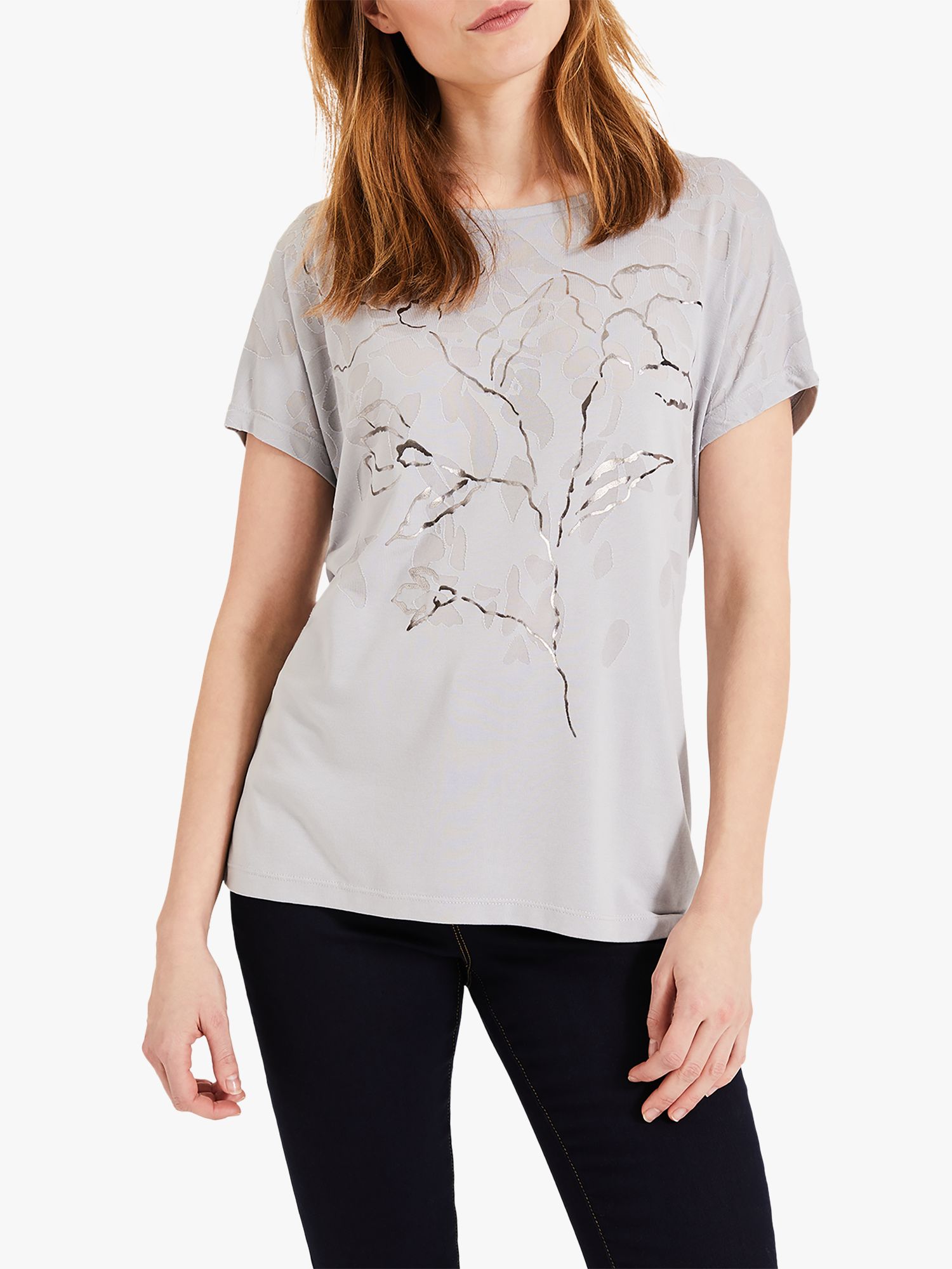 Phase Eight Mya Foil Floral Print Top, Silver/Grey