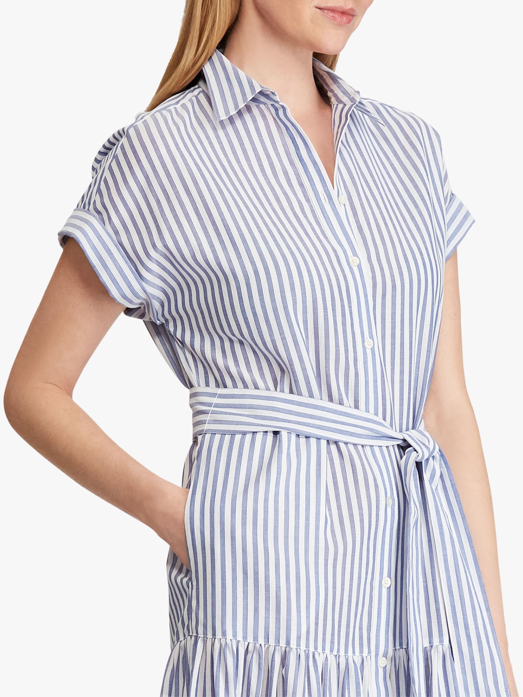 Lauren Ralph Lauren Vilma Tiered Cotton Shirt Dress, Blue/White at John ...