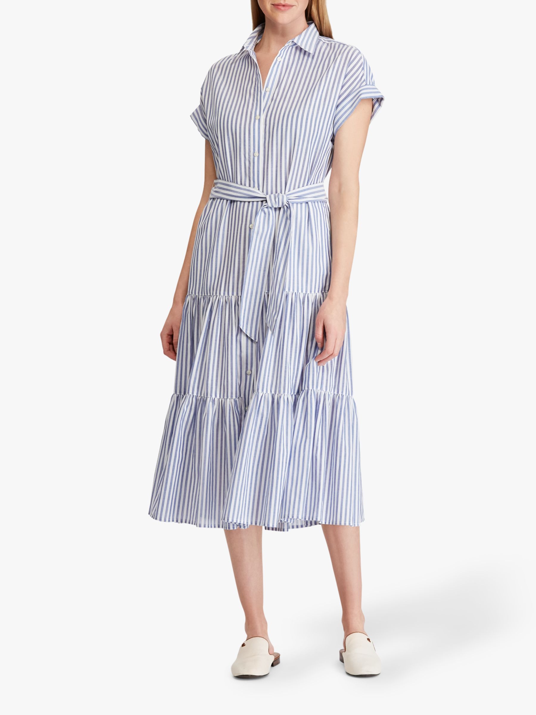Lauren Ralph Lauren Vilma Tiered Cotton Shirt Dress, Blue/White