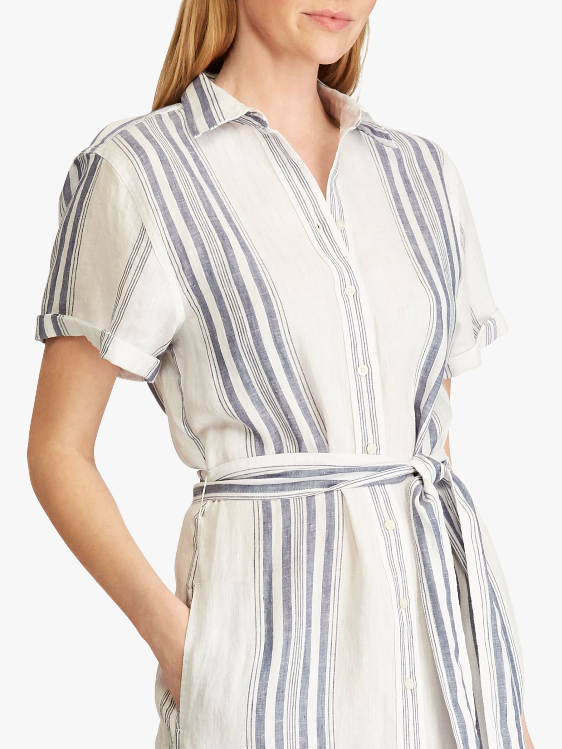 Lauren Ralph Lauren Amani Striped Linen Shirt Dress, White/Navy