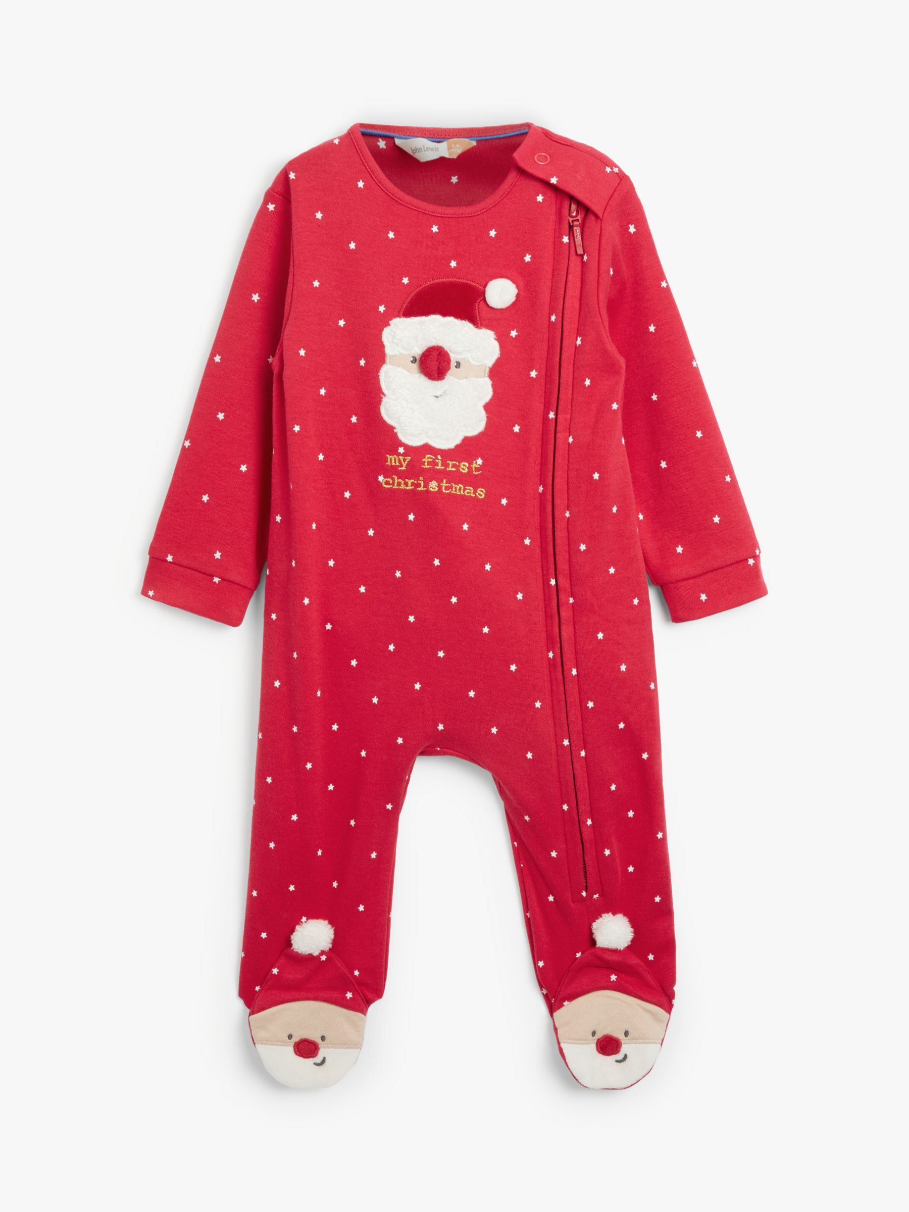 John Lewis & Partners Baby GOTS Organic Cotton Santa Sleepsuit, Red