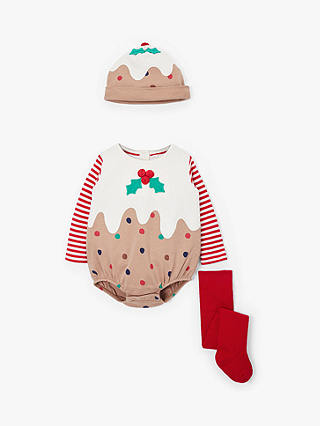 John Lewis & Partners Baby GOTS Organic Cotton Christmas Pudding Romper and Hat Set, Brown