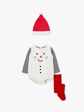 John Lewis & Partners Baby GOTS Organic Cotton Snowman Romper and Hat Set, White