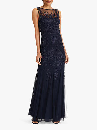 Phase Eight Cecilia Tulle Neckline Embroidered Maxi Dress, Navy