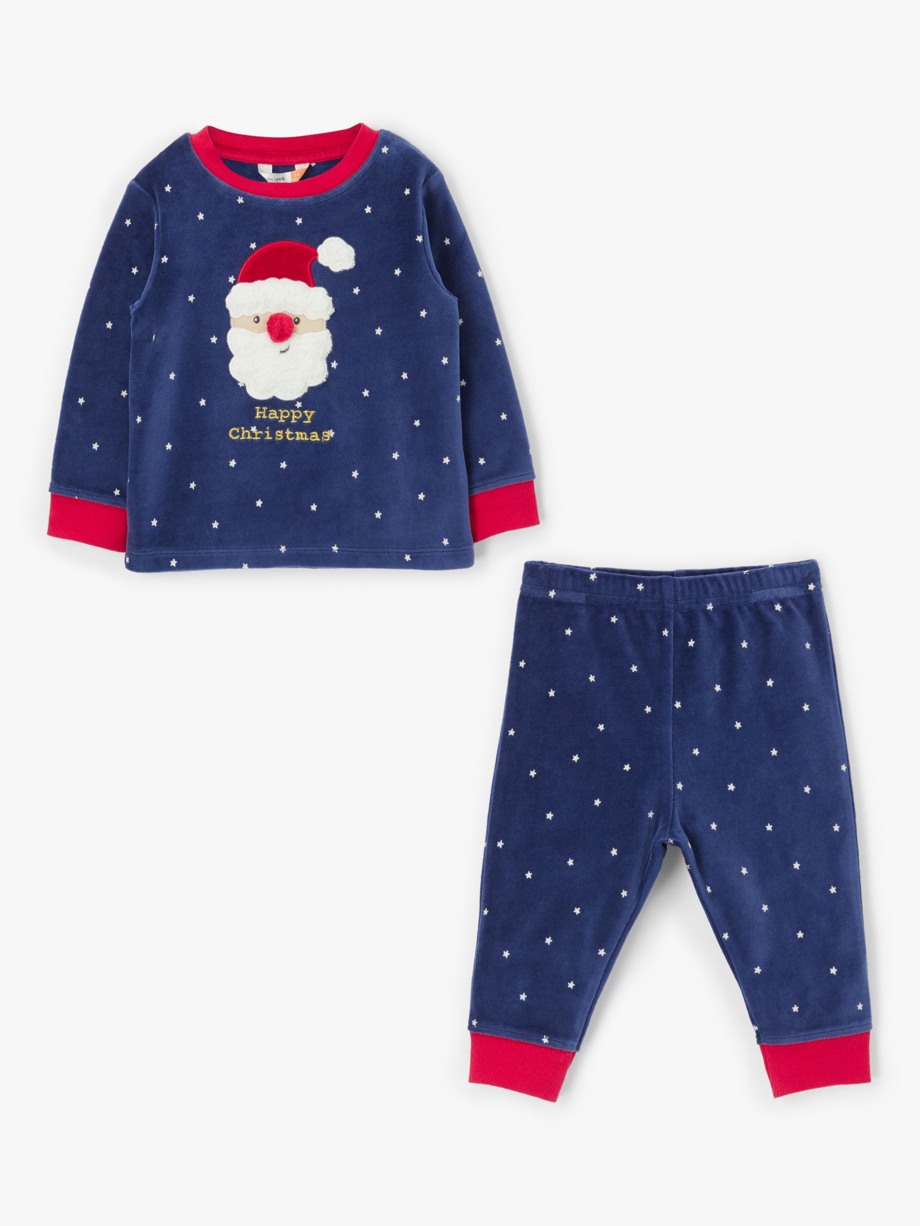 John Lewis Partners Baby Gots Organic Cotton Velour Santa Pyjamas Navy