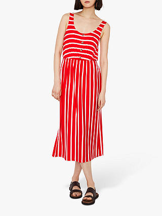 Warehouse Stripe Button Midi Dress, Red/White