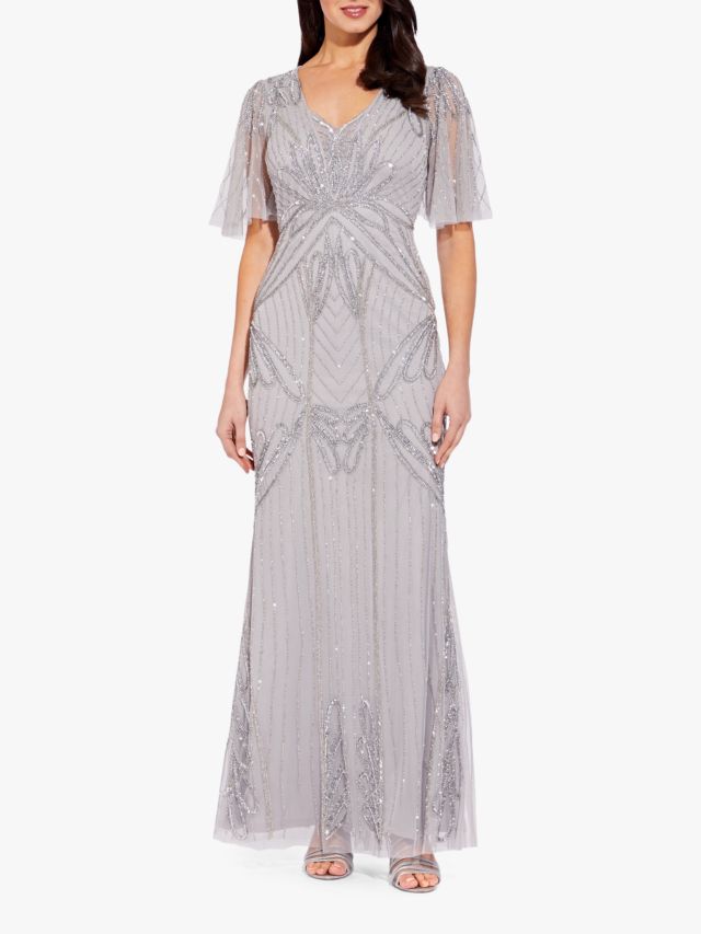 Adrianna Papell Beaded Long Dress Bridal Silver 6