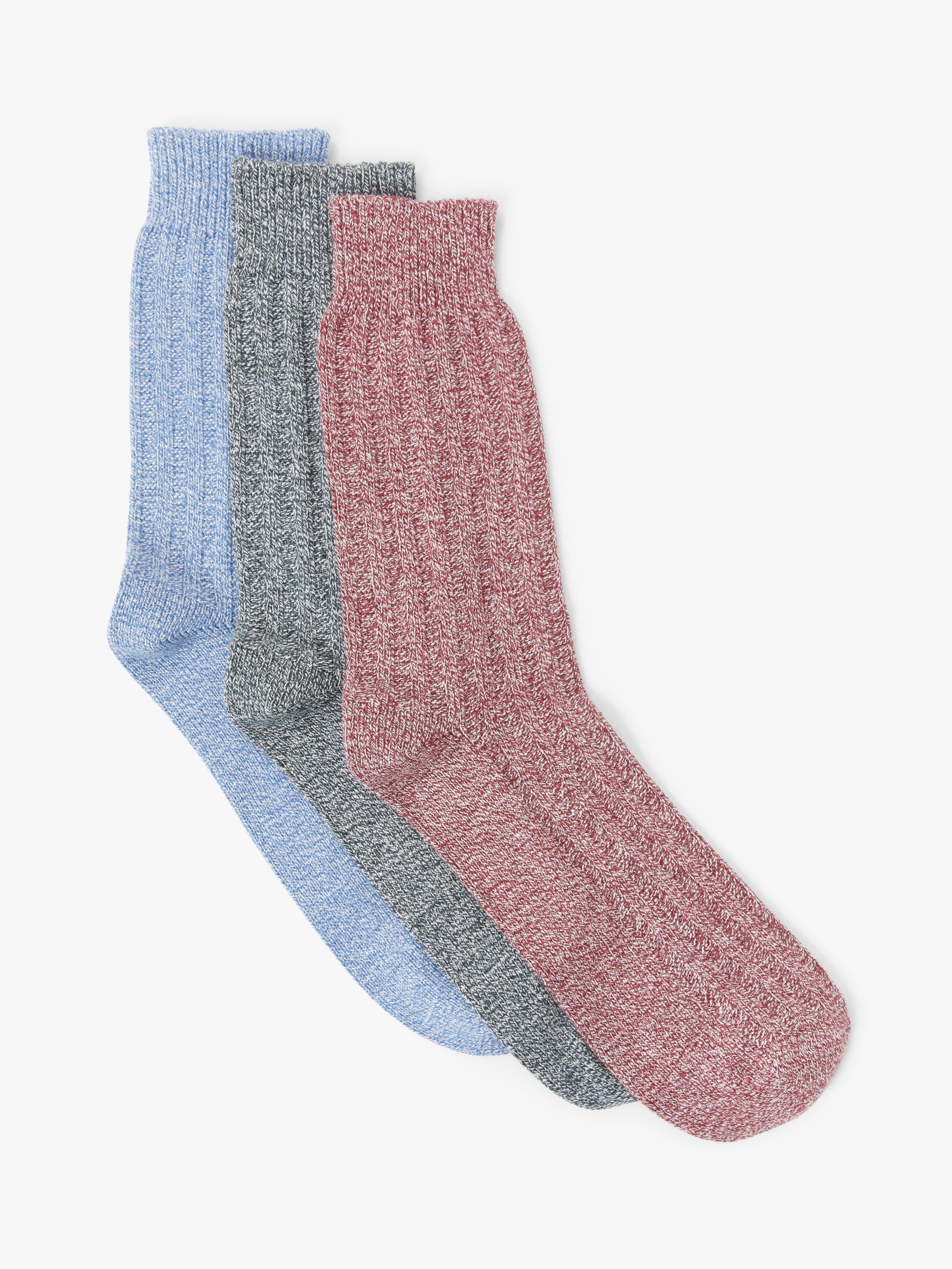 John Lewis & Partners Twisted Yarn Boot Socks, Pack of 3, Blue/Grey/Red