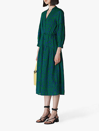 Whistles Valeria Henna Floral Print Cotton Dress, Green/Navy
