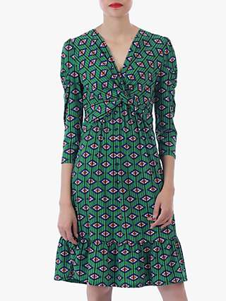 Jolie Moi Geo Print Flare Hem Dress, Green/Multi