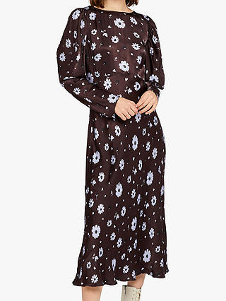 Ghost Rosaleen Flared Satin Floral Dress, Brown Daisy