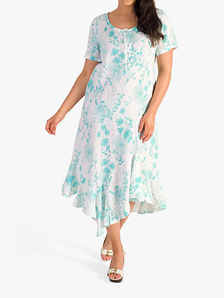 chesca Button Placket Floral Linen Dress, White/Jade