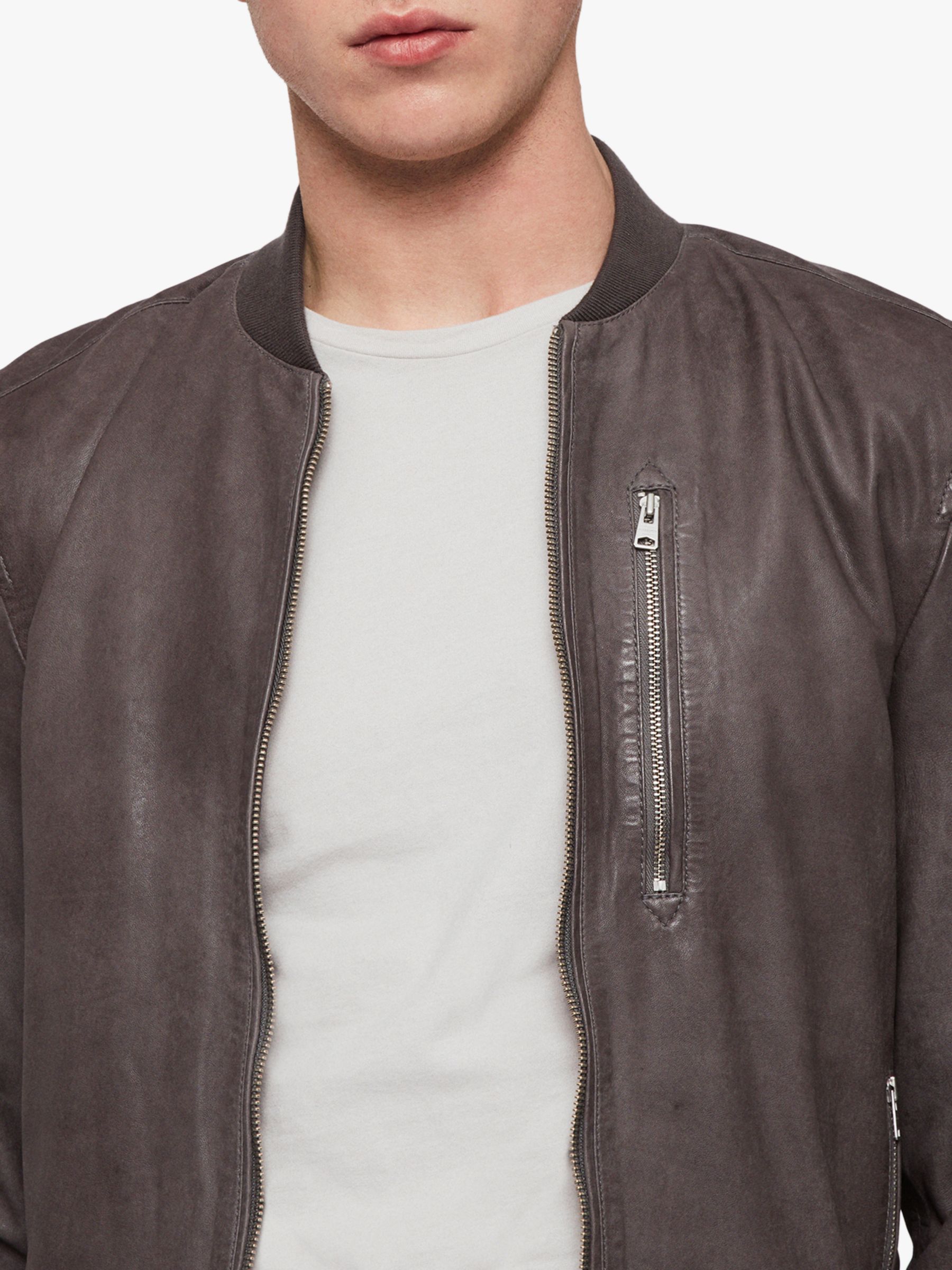 AllSaints Kino Leather Bomber Jacket, Atlantic Grey