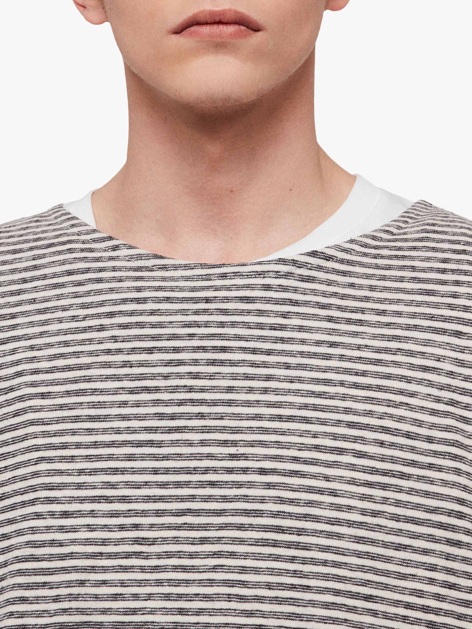 AllSaints Sine Long Sleeve Cotton Linen Crew T-Shirt, Ecru/Ink Navy