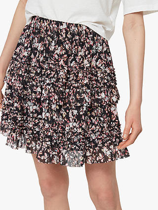 AllSaints Sanse Freefall Floral Ruffle Skirt, Black/Multi