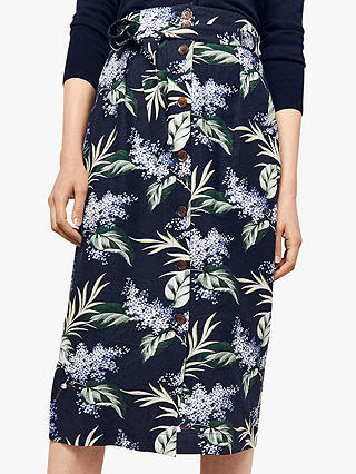 Oasis Palm Print Linen Blend Skirt, Blue/Multi