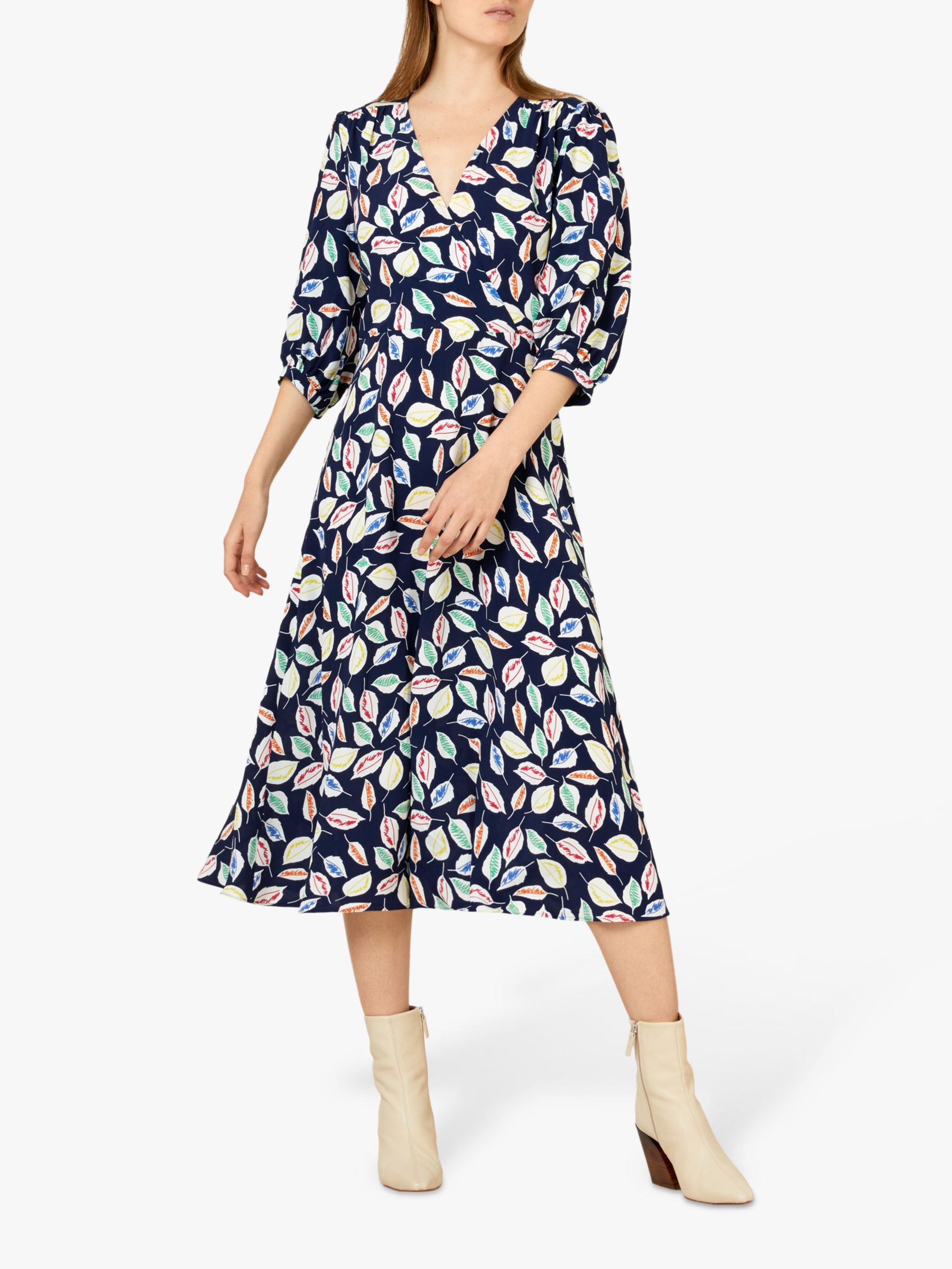 Finery Laura Leaf Print Wrap Dress, Navy/Multi at John Lewis & Partners