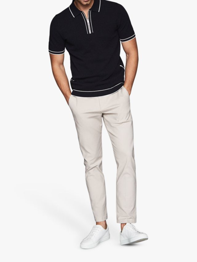 Reiss Lyle Tipped Zip Neck Polo Shirt, Navy, S