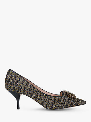 Kurt Geiger London Pia Jewel Tweed Mid Heel Court Shoes, Black/Gold